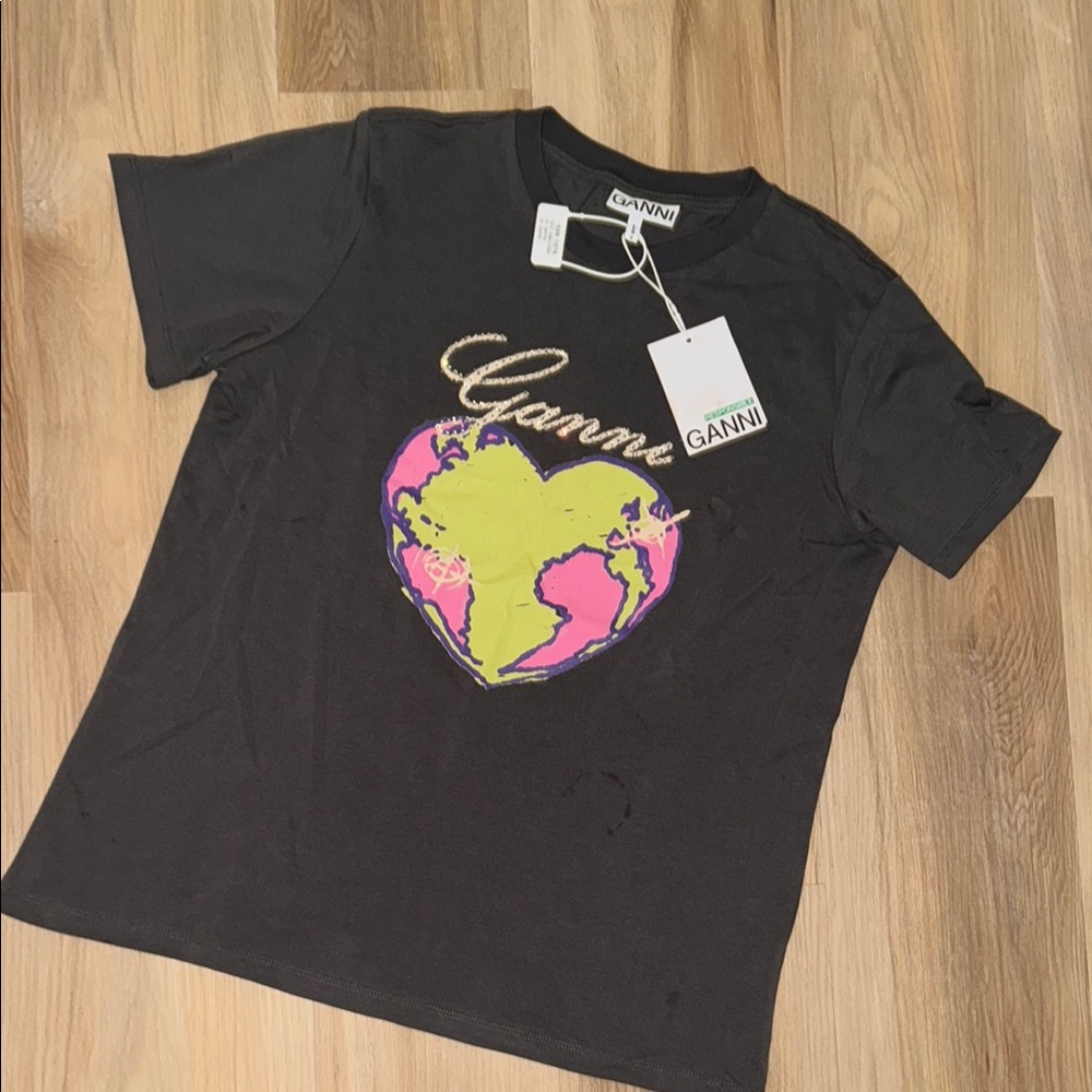 Ganni Black T-Shirt with Vibrant Heart Globe Design